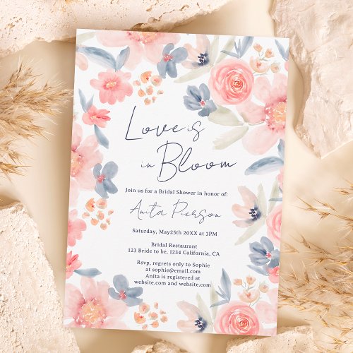 Fall boho floral pink blue elegant bridal shower invitation