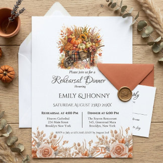 Fall Boho Floral Pumpkin Bow Rehearsal Dinner Invitation