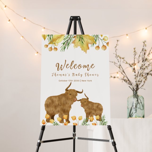 Fall Boho Highland Cow Baby Shower Welcome Sign  (In Situ (Stand))