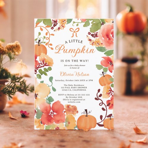 Fall Boho Little pumpkin floral baby shower Invitation