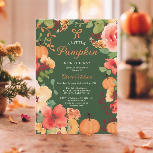 Fall Boho Little pumpkin green floral baby shower Invitation