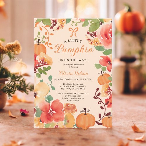 Fall Boho Little pumpkin peach floral baby shower Invitation