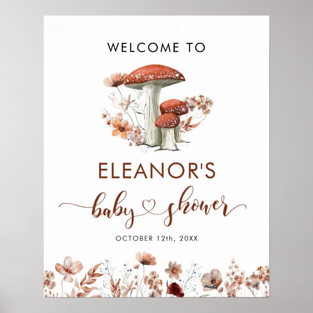 Fall Boho Mushroom Floral Baby Shower welcome sign (Front)