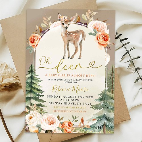 Fall Boho Oh Deer Girl Woodland Baby Shower Invitation