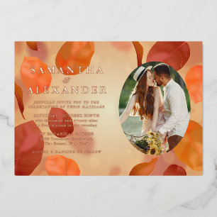 Fall Boho Oval Photo Terracotta All-in-One Wedding Foil Invitation