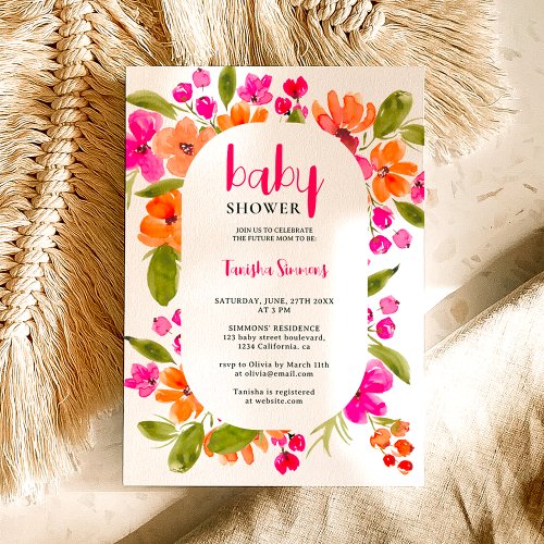 Fall boho pink orange floral script baby shower invitation