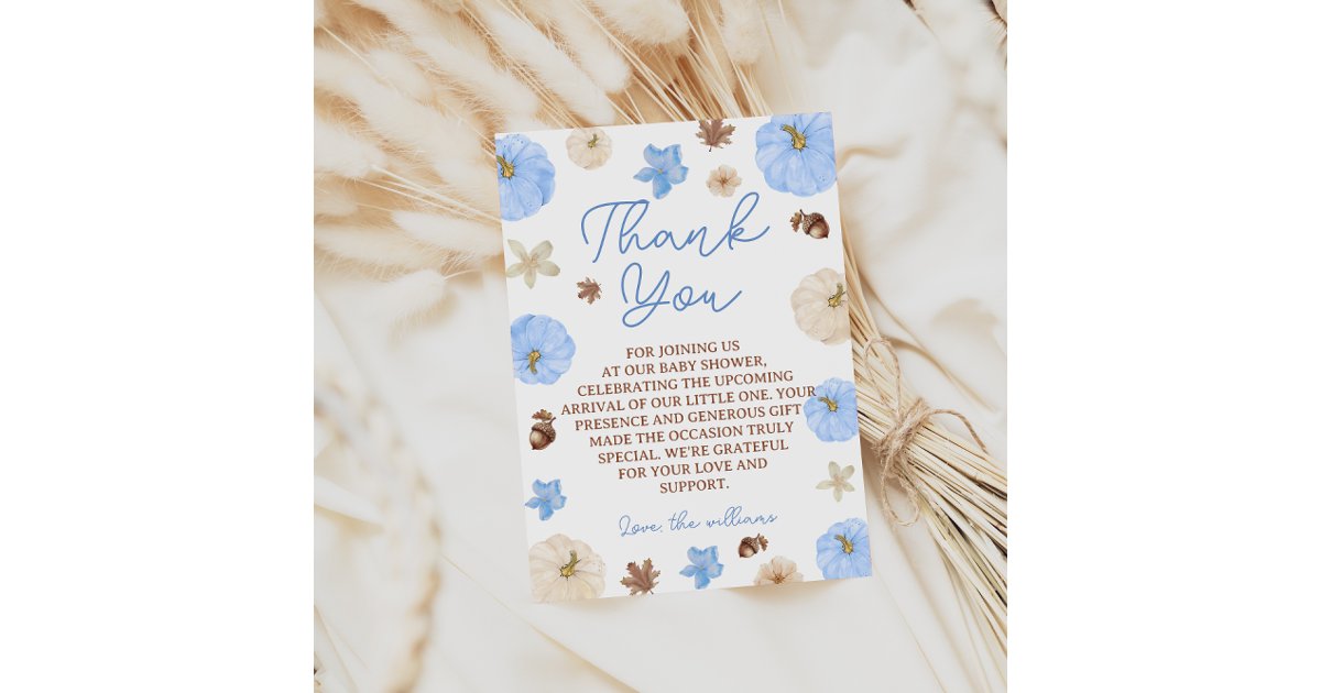 Fall Boho Pumpkin Blue Baby Shower Thank You Card | Zazzle