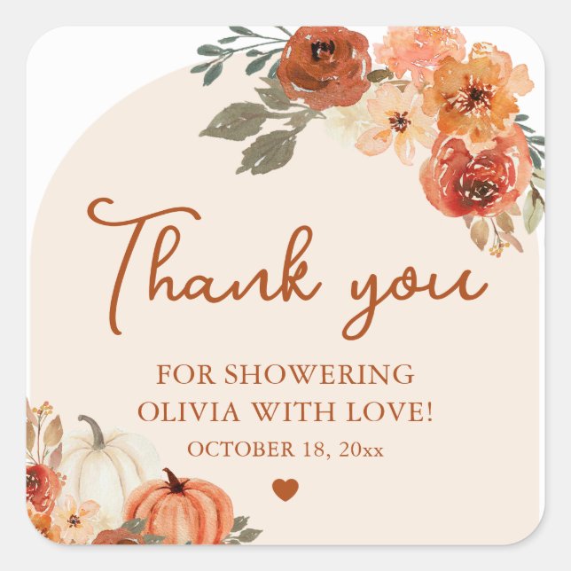 Fall Boho Pumpkin Bridal Shower Thank You Favor Square Sticker (Front)
