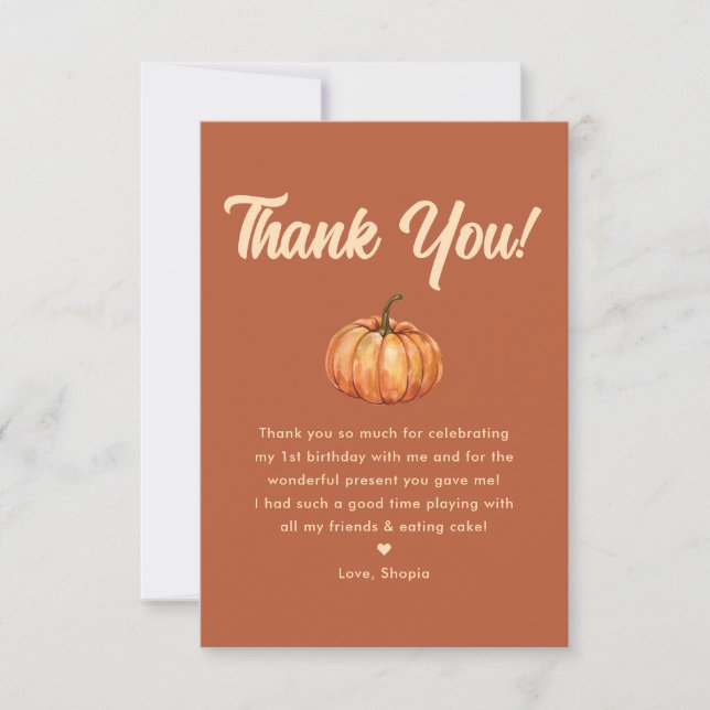 Fall Boho Pumpkin Photo First Birthday Thank You Card (Front)