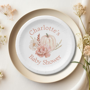 Fall Boho Pumpkin Watercolor Floral Baby Shower Paper Plates
