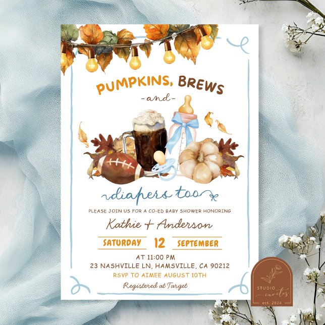 Fall Boho Pumpkins Blue Boy Baby Shower Invitation (Creator Uploaded)