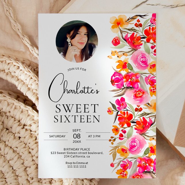 Fall boho red orange floral photo Sweet 16 Invitation (Fall boho red orange floral photo Sweet 16 Invitation)