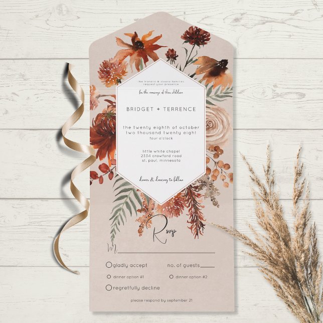Fall Boho Rust & Peach Floral Frame Beige Dinner All In One Invitation (Creator Uploaded)