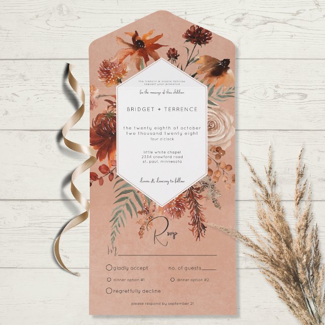 Fall Boho Rust & Peach Floral Frame Dinner All In One Invitation (Creator Uploaded)