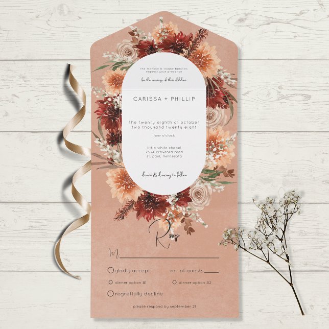 Fall Boho Rust & Peach Floral Oval Dinner All In One Invitation (Creator Uploaded)