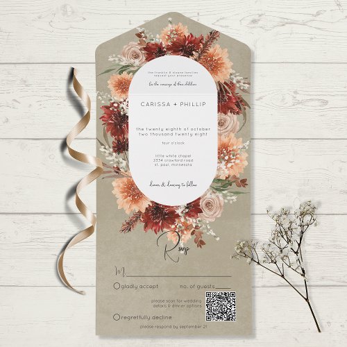 Fall Boho Rust  Peach Floral Oval Sage QR Code All In One Invitation