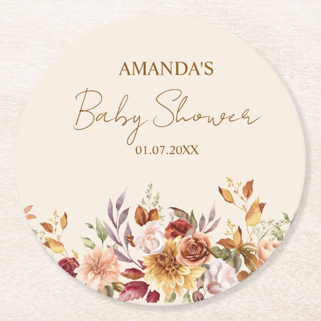 Fall boho Rustic Baby Shower  Round Paper Coaster (Front)