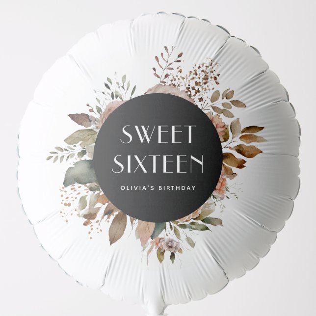 Fall Boho Sweet Sixteen | Modern Black & Floral Balloon (Front)