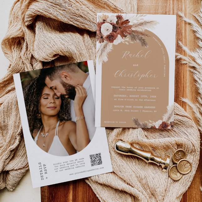 Fall Boho Wedding Pampas Grass Arch Photo QR Code Invitation (Creator Uploaded)