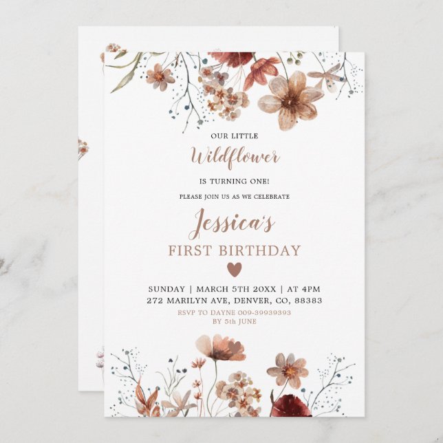 Fall Boho Wildflower is Turning One Birthday Invitation (Front/Back)