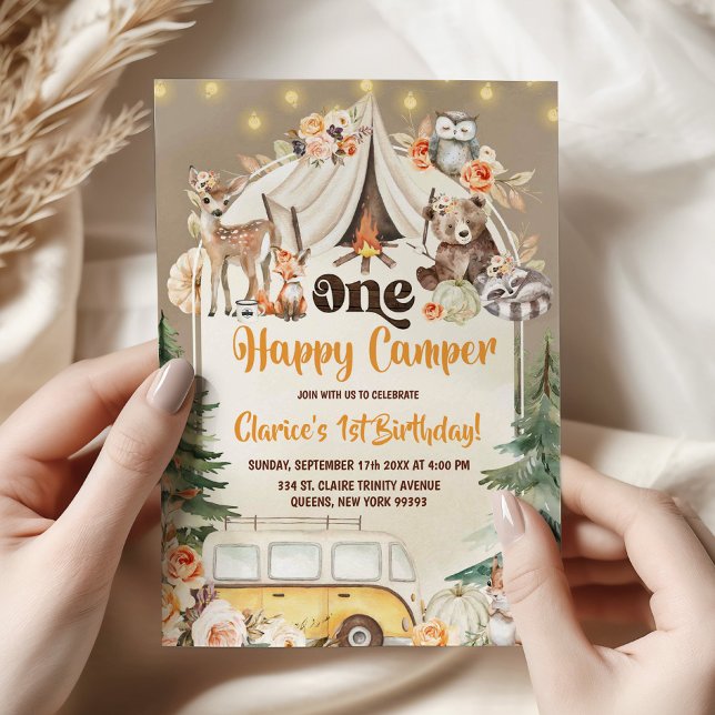 Fall Boho Woodland Forest Happy Camper Birthday Invitation (Creator Uploaded)