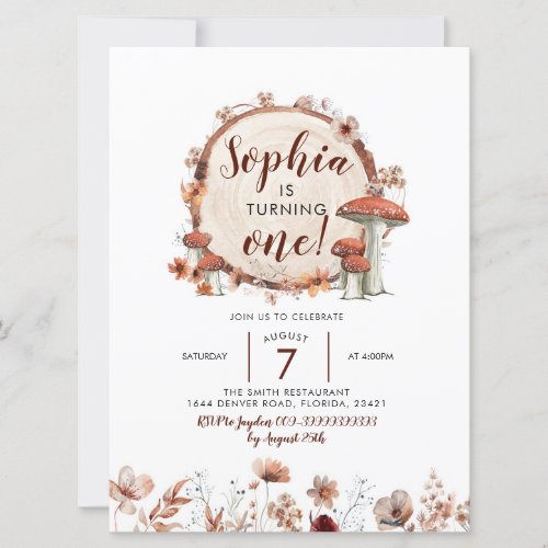 Fall Boho Woodland Mushroom Birthday Invitation