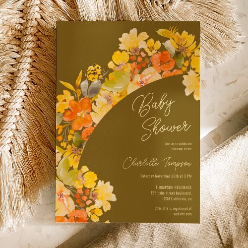 Fall boho yellow flowers script baby shower invitation