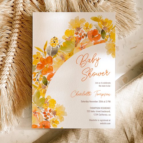 Fall boho yellow flowers script baby shower invitation