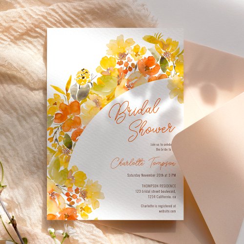 Fall boho yellow flowers script bridal shower invitation