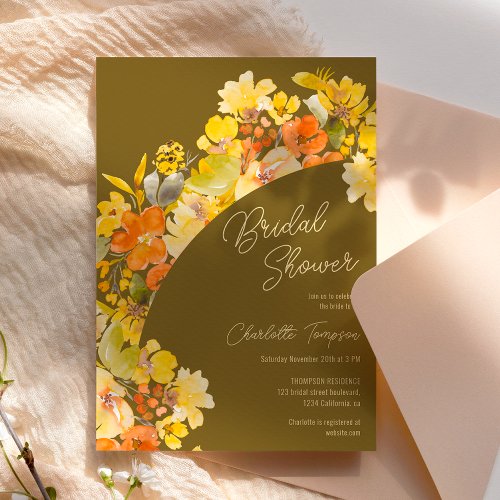 Fall boho yellow flowers script bridal shower invitation