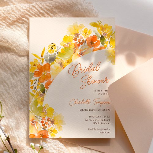 Fall boho yellow flowers script bridal shower invitation