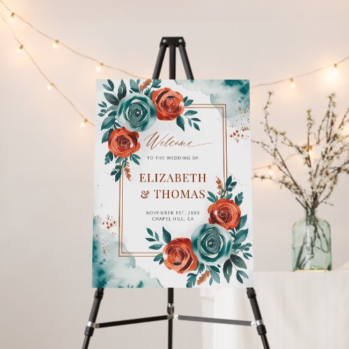 Fall Bold Teal Orange Elegant Wedding Welcome Foam Board