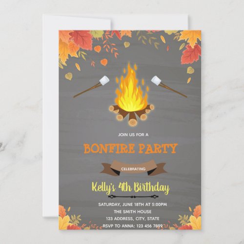 Fall bonfire camp theme party invitation