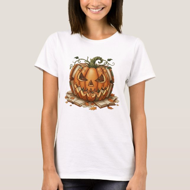 Fall Book Pumpkin Retro Reading Librarians Teacher T-Shirt (Front)