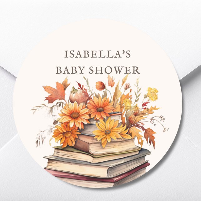 Fall Book Themed Baby Shower Favor Classic Round Sticker (Creator Uploaded)
