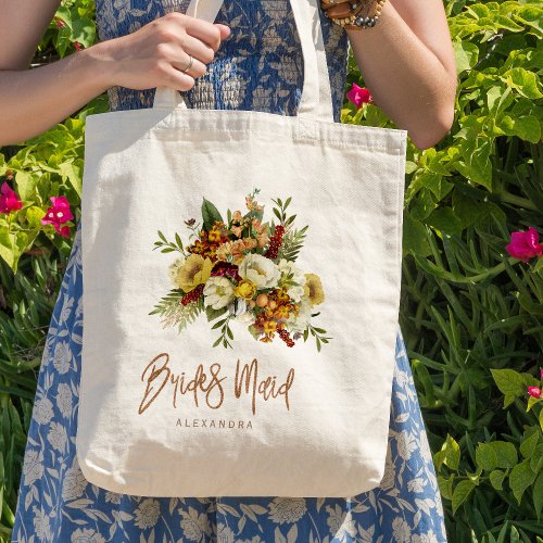 Fall botanical bouquet bridesmaid name tote bag