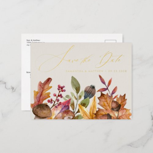 Fall Botanical Calligraphy Wedding Save the Date Foil Invitation Postcard
