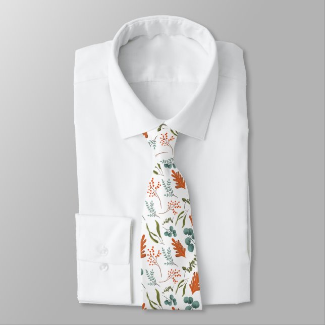 Fall Botanical Leaves and Berry Pattern Neck Tie (Tied)