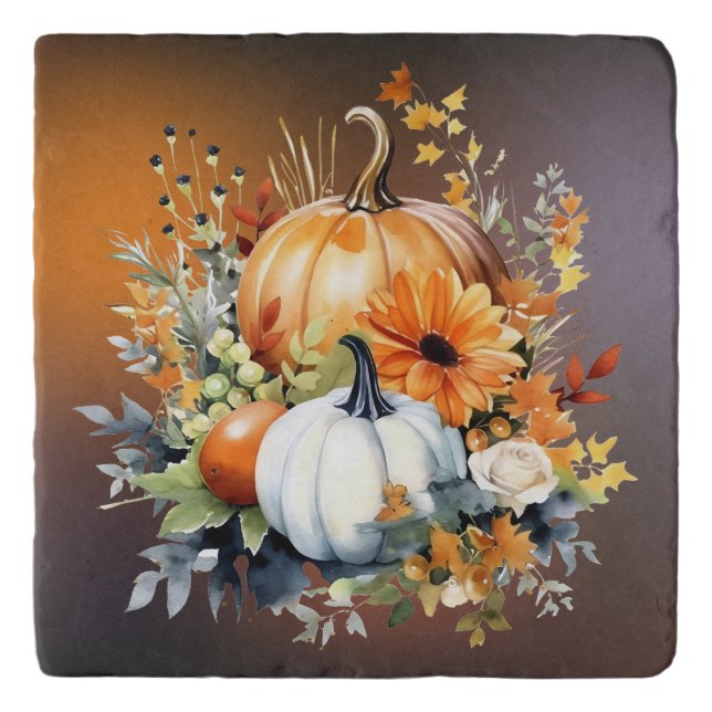 Fall Botanical Pumpkins Botticino Marble Trivet (Front)