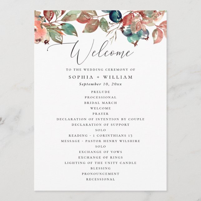 Fall Botanical Wedding | Watercolor Berry Leaves Program (Front)