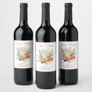 Fall Botanicals, Spices Happy Thanksgiving Wine Label
