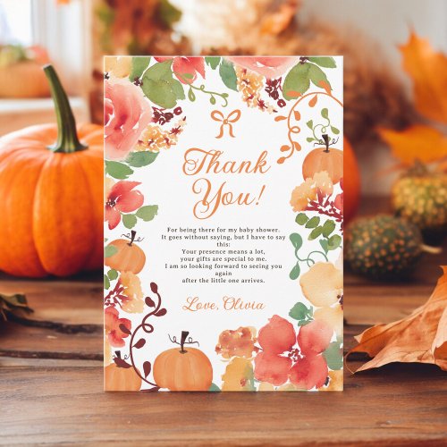 Fall Bow Boho Little pumpkin floral baby shower Thank You Card