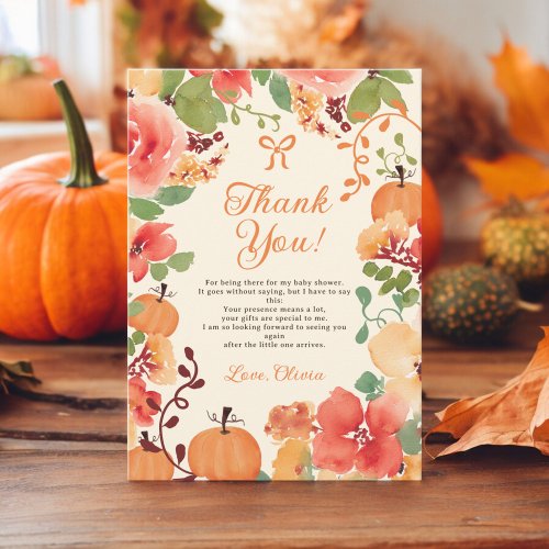 Fall Bow Boho pumpkin floral cream baby shower Thank You Card
