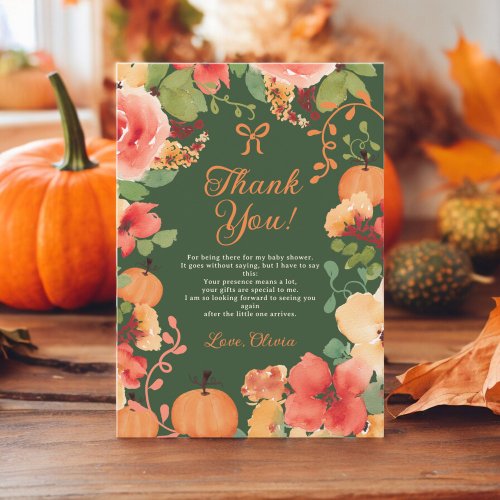 Fall Bow Boho pumpkin floral green baby shower Thank You Card