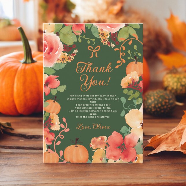 Fall Bow Boho pumpkin floral green baby shower Thank You Card (Fall Bow Boho Little pumpkin floral baby shower Thank You Card on green)