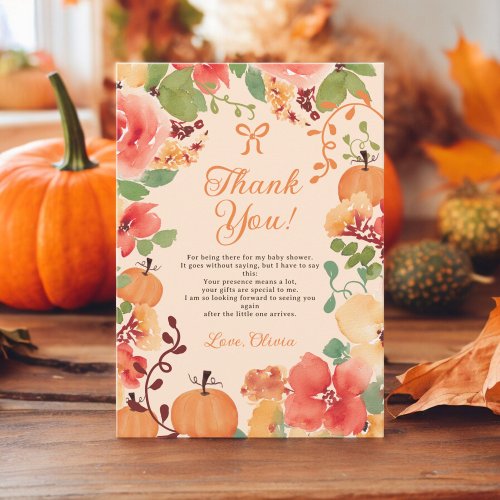 Fall Bow Boho pumpkin floral peach baby shower Thank You Card