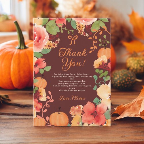 Fall Bow Boho pumpkin floral red baby shower Thank You Card