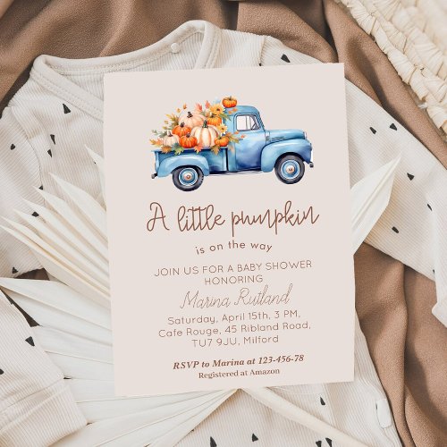 Fall Boy Baby Shower Blue Pumpkin Truck  Invitation