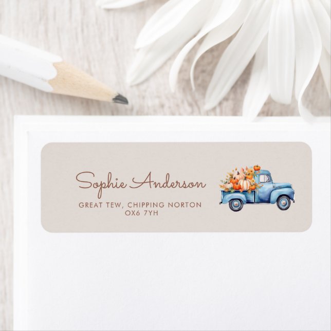 Fall Boy Baby Shower Blue Pumpkin Truck  Label (Insitu)