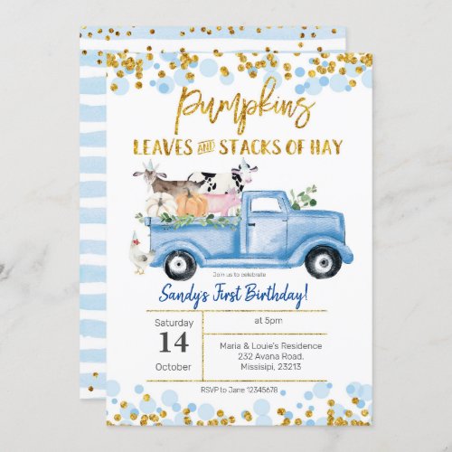 Fall Boy Farm Blue Pumpkin Truck Birthday Invitation